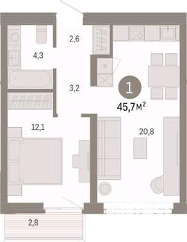1-к квартира, вторичка, 46м2, 8/9 этаж