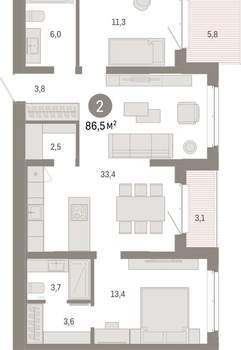 2-к квартира, вторичка, 87м2, 6/11 этаж