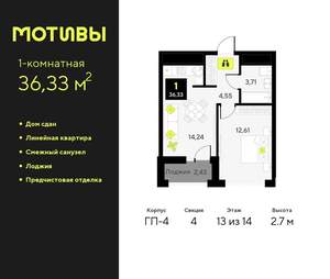 1-к квартира, сданный дом, 36м2, 13/14 этаж