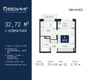1-к квартира, вторичка, 33м2, 10/12 этаж