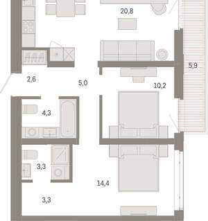 2-к квартира, вторичка, 70м2, 8/25 этаж