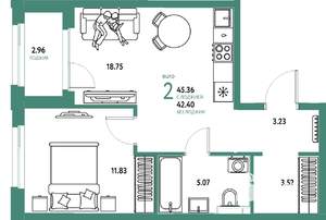 2-к квартира, вторичка, 45м2, 9/25 этаж