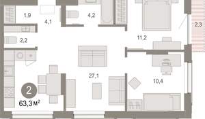 2-к квартира, вторичка, 63м2, 3/17 этаж