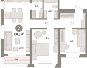 2-к квартира, вторичка, 67м2, 5/16 этаж