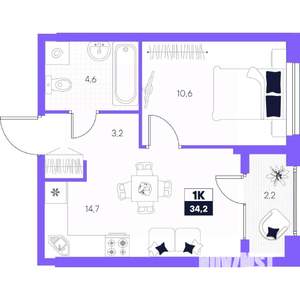 1-к квартира, строящийся дом, 34м2, 4/24 этаж