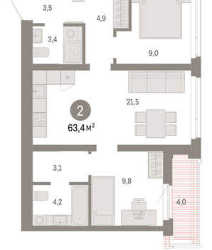 2-к квартира, вторичка, 63м2, 9/25 этаж