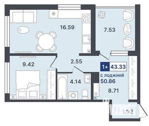 1-к квартира, строящийся дом, 43м2, 2/8 этаж