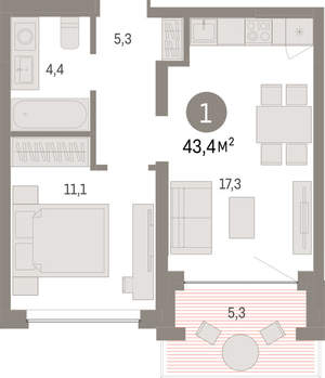 1-к квартира, вторичка, 43м2, 4/8 этаж