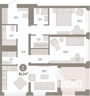 2-к квартира, вторичка, 91м2, 13/25 этаж