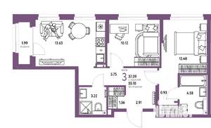 3-к квартира, вторичка, 57м2, 12/25 этаж