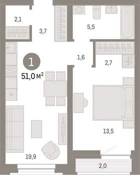 1-к квартира, вторичка, 51м2, 6/10 этаж