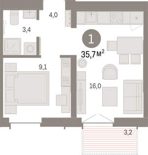 1-к квартира, вторичка, 36м2, 2/16 этаж