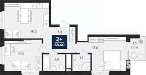 2-к квартира, вторичка, 58м2, 18/18 этаж