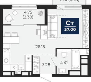 Студия квартира, вторичка, 37м2, 6/21 этаж