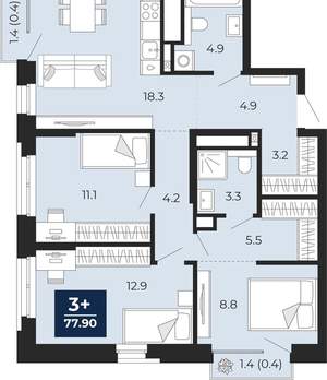 3-к квартира, вторичка, 78м2, 3/18 этаж