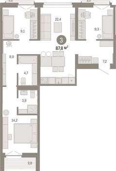 3-к квартира, вторичка, 88м2, 6/16 этаж