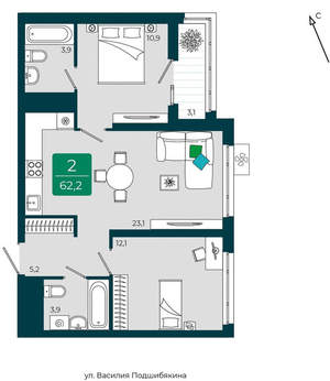 2-к квартира, вторичка, 62м2, 8/16 этаж