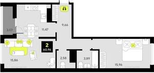 2-к квартира, сданный дом, 61м2, 15/23 этаж
