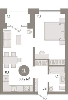 1-к квартира, вторичка, 50м2, 4/9 этаж