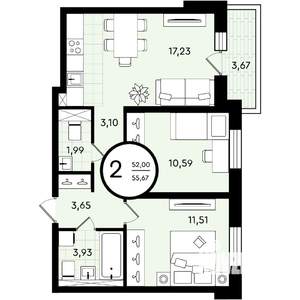 2-к квартира, строящийся дом, 56м2, 3/4 этаж