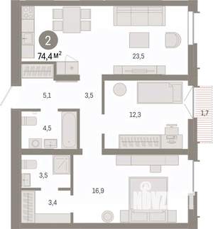 2-к квартира, вторичка, 74м2, 5/16 этаж