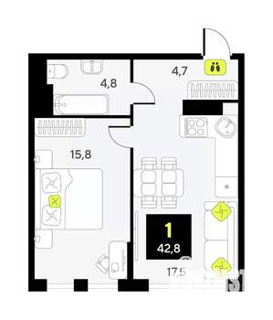 1-к квартира, вторичка, 43м2, 14/17 этаж