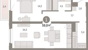 1-к квартира, вторичка, 60м2, 8/16 этаж