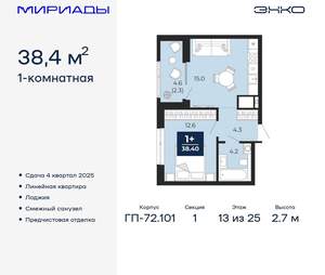 1-к квартира, вторичка, 38м2, 13/25 этаж