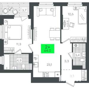 2-к квартира, строящийся дом, 64м2, 21/21 этаж
