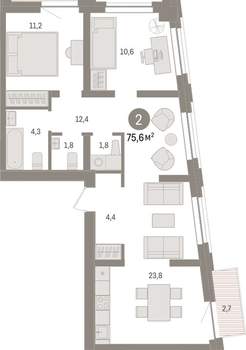 2-к квартира, вторичка, 75м2, 6/10 этаж