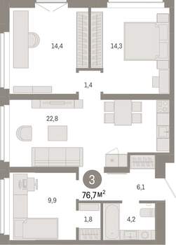 3-к квартира, вторичка, 77м2, 7/16 этаж