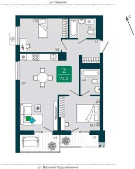 2-к квартира, вторичка, 74м2, 9/9 этаж