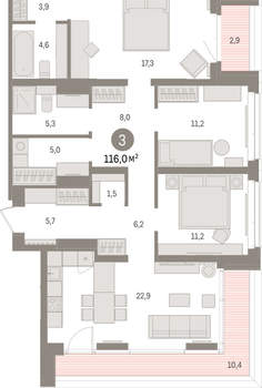 3-к квартира, вторичка, 116м2, 13/16 этаж