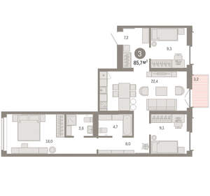 3-к квартира, вторичка, 86м2, 4/16 этаж