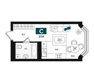 Студия квартира, строящийся дом, 28м2, 14/23 этаж