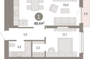 1-к квартира, вторичка, 49м2, 10/17 этаж