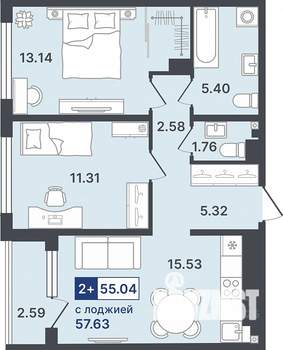 2-к квартира, строящийся дом, 55м2, 2/8 этаж
