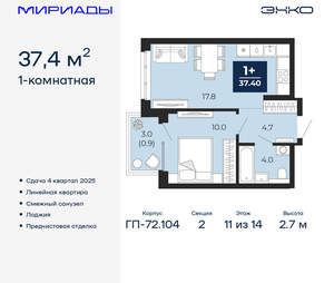 1-к квартира, вторичка, 37м2, 11/18 этаж