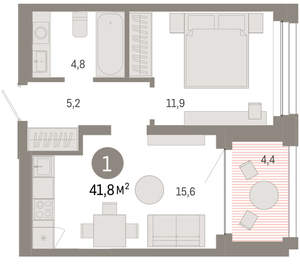 1-к квартира, вторичка, 42м2, 4/8 этаж