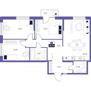 3-к квартира, строящийся дом, 84м2, 20/24 этаж