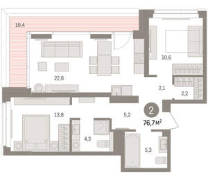 2-к квартира, вторичка, 77м2, 6/16 этаж