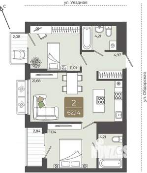 2-к квартира, вторичка, 62м2, 7/15 этаж