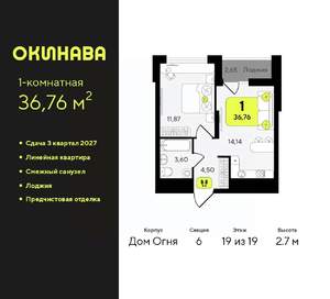 1-к квартира, вторичка, 37м2, 19/19 этаж