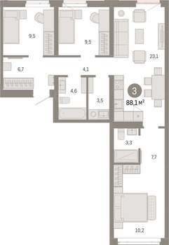 3-к квартира, вторичка, 88м2, 8/25 этаж