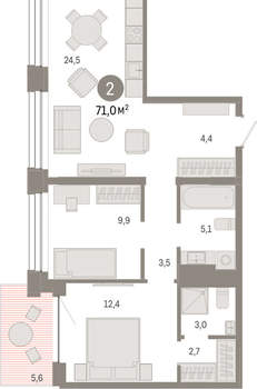 2-к квартира, вторичка, 71м2, 6/8 этаж