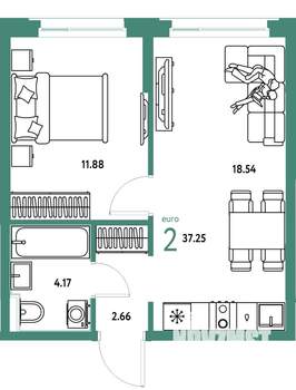 2-к квартира, вторичка, 37м2, 22/25 этаж