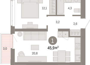 1-к квартира, вторичка, 46м2, 6/25 этаж
