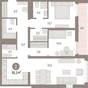 2-к квартира, вторичка, 91м2, 8/25 этаж