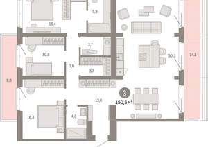 3-к квартира, вторичка, 151м2, 6/11 этаж