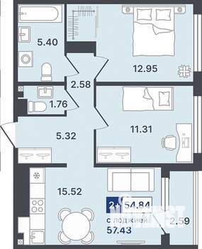 2-к квартира, строящийся дом, 55м2, 6/8 этаж